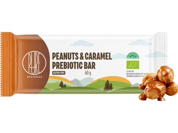 BrainMax Pure Peanuts & Caramel Prebiotic Bar, prebiotická tyčinka, arašidy a karamel, 60 g